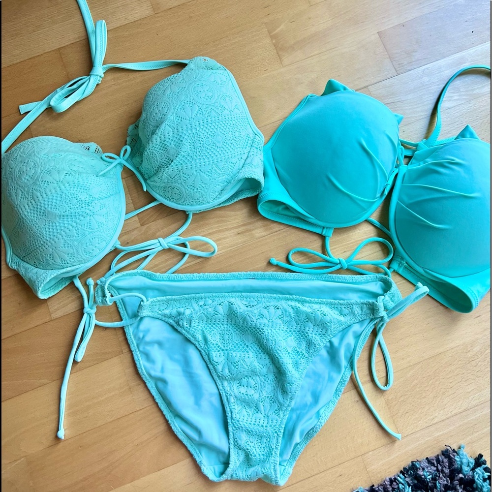 Victorias Secret Swim Lace Bikini Set, 2 Light Blue Tops: 36DD, Bottoms L